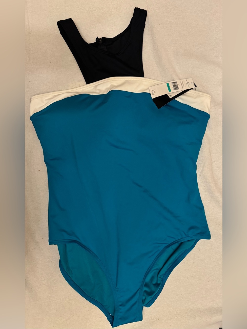 Carmen Marc Valvo Teal One-Piece Swimsuit with Black Straps and White Trim